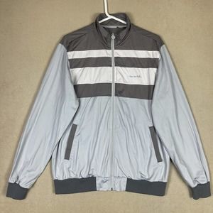 Travis Mathew Mens L Full Zip Golf Jacket Mock Neck Pockets Stretch Gray Striped